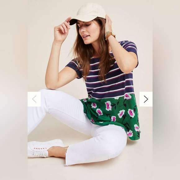 Anthropologie Sonja Stripes & Florals Short Sleeve Top N32 - Picture 6 of 7